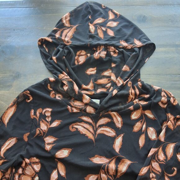 Promessa Black & Brown Floral Sheer Cropped Mesh Hooded Top L - Picture 6 of 7
